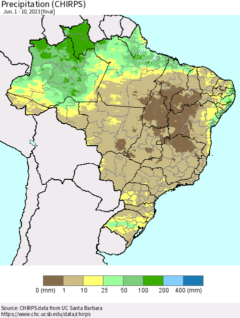Brazil Precipitation (CHIRPS) Thematic Map For 6/1/2023 - 6/10/2023