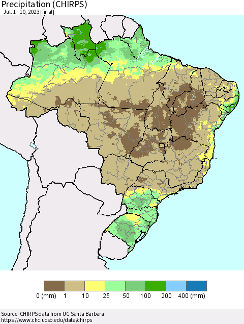 Brazil Precipitation (CHIRPS) Thematic Map For 7/1/2023 - 7/10/2023
