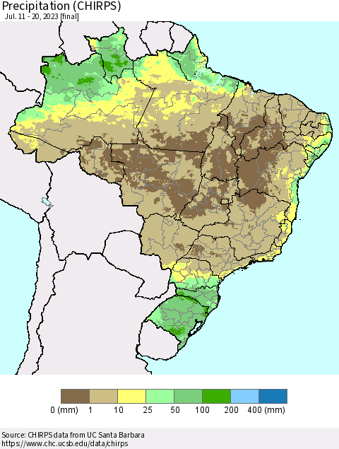 Brazil Precipitation (CHIRPS) Thematic Map For 7/11/2023 - 7/20/2023