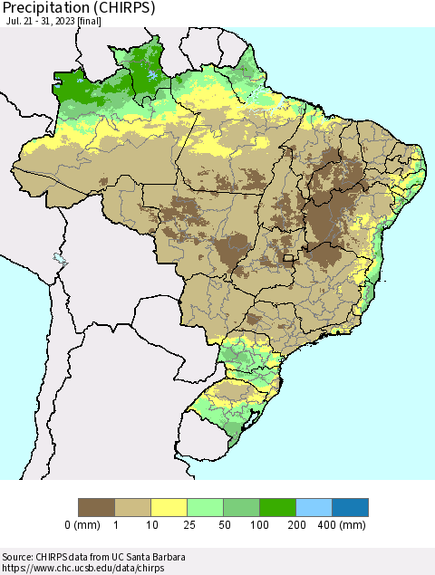 Brazil Precipitation (CHIRPS) Thematic Map For 7/21/2023 - 7/31/2023