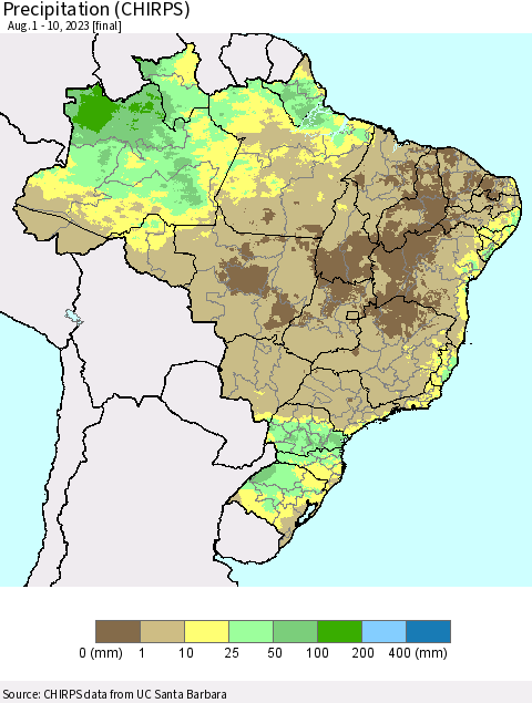 Brazil Precipitation (CHIRPS) Thematic Map For 8/1/2023 - 8/10/2023