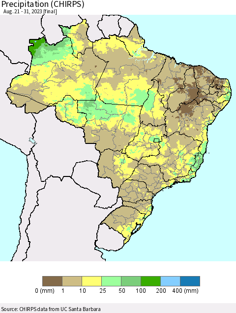 Brazil Precipitation (CHIRPS) Thematic Map For 8/21/2023 - 8/31/2023