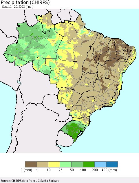 Brazil Precipitation (CHIRPS) Thematic Map For 9/11/2023 - 9/20/2023