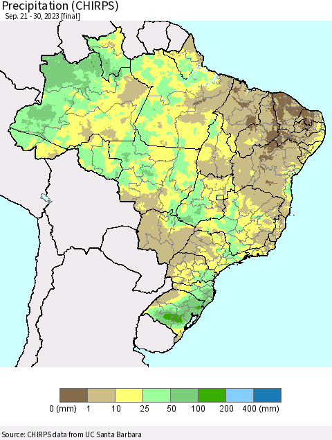 Brazil Precipitation (CHIRPS) Thematic Map For 9/21/2023 - 9/30/2023