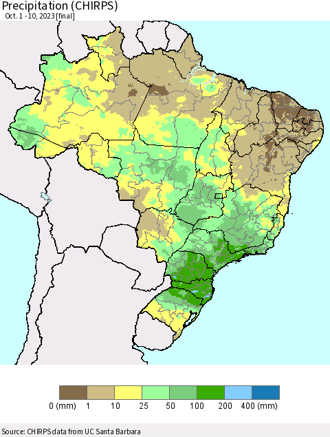 Brazil Precipitation (CHIRPS) Thematic Map For 10/1/2023 - 10/10/2023