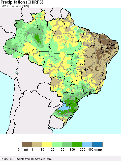 Brazil Precipitation (CHIRPS) Thematic Map For 10/11/2023 - 10/20/2023