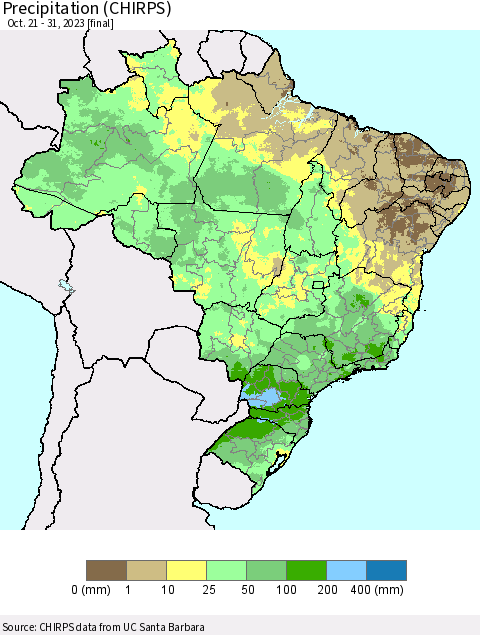 Brazil Precipitation (CHIRPS) Thematic Map For 10/21/2023 - 10/31/2023