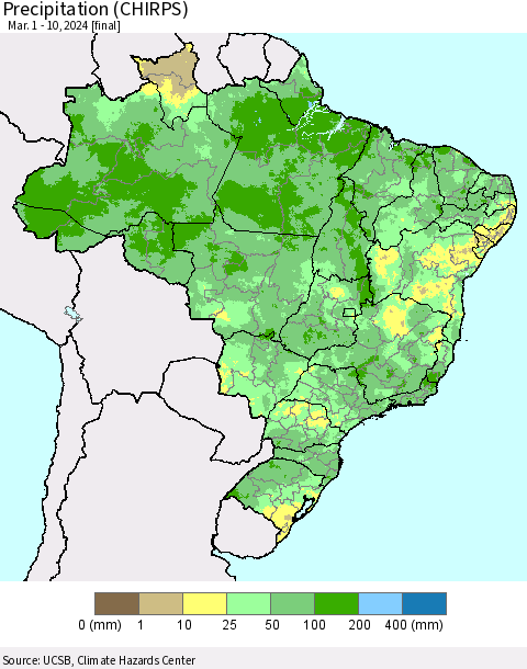 Brazil Precipitation (CHIRPS) Thematic Map For 3/1/2024 - 3/10/2024