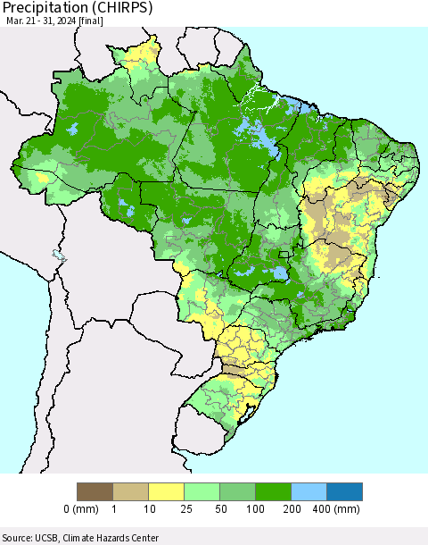 Brazil Precipitation (CHIRPS) Thematic Map For 3/21/2024 - 3/31/2024