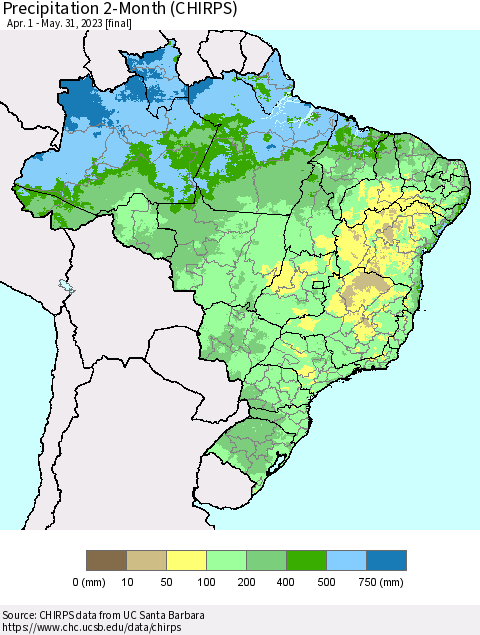 Brazil Precipitation 2-Month (CHIRPS) Thematic Map For 4/1/2023 - 5/31/2023
