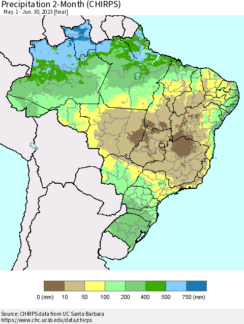 Brazil Precipitation 2-Month (CHIRPS) Thematic Map For 5/1/2023 - 6/30/2023