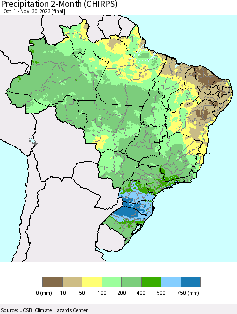 Brazil Precipitation 2-Month (CHIRPS) Thematic Map For 10/1/2023 - 11/30/2023