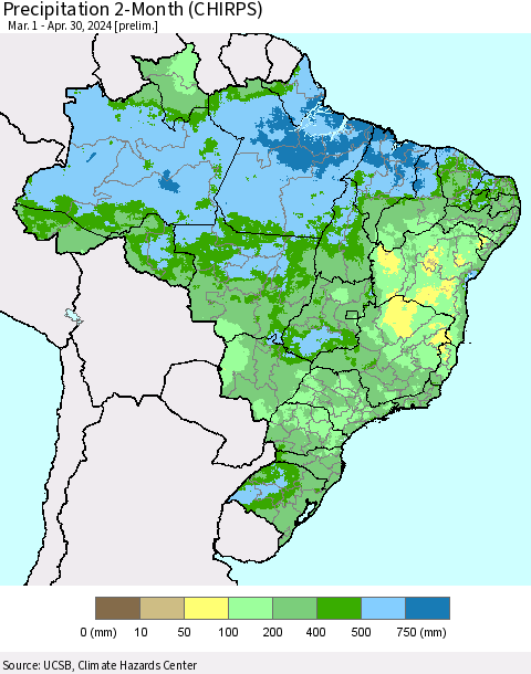 Brazil Precipitation 2-Month (CHIRPS) Thematic Map For 3/1/2024 - 4/30/2024