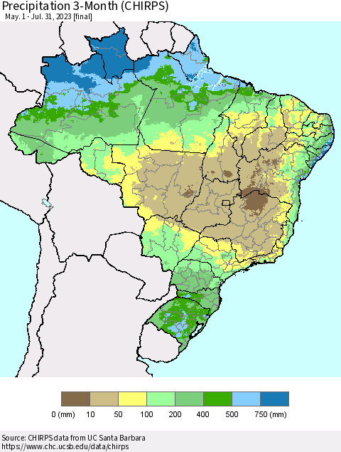 Brazil Precipitation 3-Month (CHIRPS) Thematic Map For 5/1/2023 - 7/31/2023
