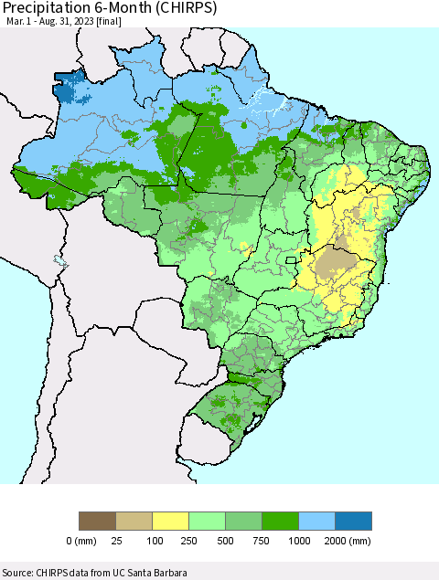 Brazil Precipitation 6-Month (CHIRPS) Thematic Map For 3/1/2023 - 8/31/2023