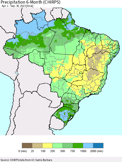 Brazil Precipitation 6-Month (CHIRPS) Thematic Map For 4/1/2023 - 9/30/2023