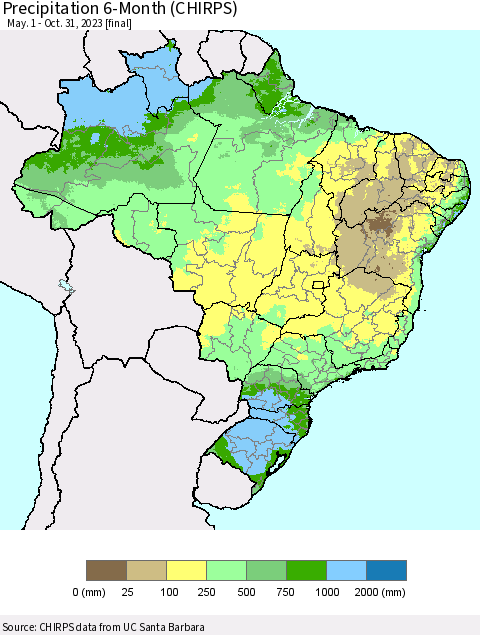 Brazil Precipitation 6-Month (CHIRPS) Thematic Map For 5/1/2023 - 10/31/2023