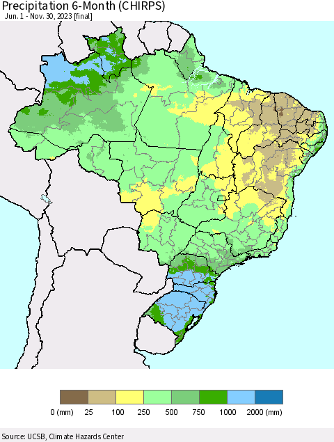 Brazil Precipitation 6-Month (CHIRPS) Thematic Map For 6/1/2023 - 11/30/2023