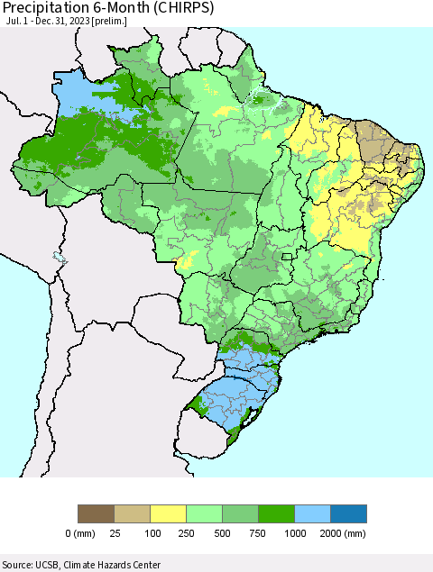 Brazil Precipitation 6-Month (CHIRPS) Thematic Map For 7/1/2023 - 12/31/2023