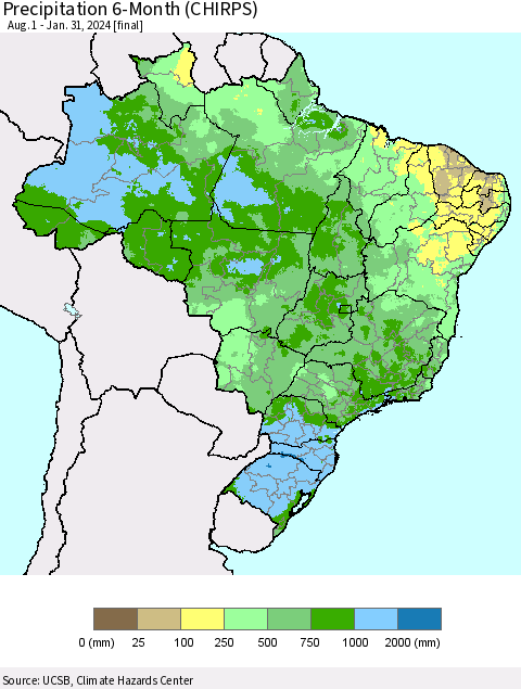 Brazil Precipitation 6-Month (CHIRPS) Thematic Map For 8/1/2023 - 1/31/2024
