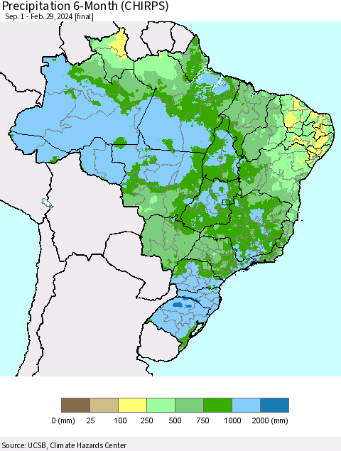 Brazil Precipitation 6-Month (CHIRPS) Thematic Map For 9/1/2023 - 2/29/2024