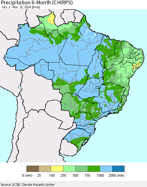 Brazil Precipitation 6-Month (CHIRPS) Thematic Map For 10/1/2023 - 3/31/2024