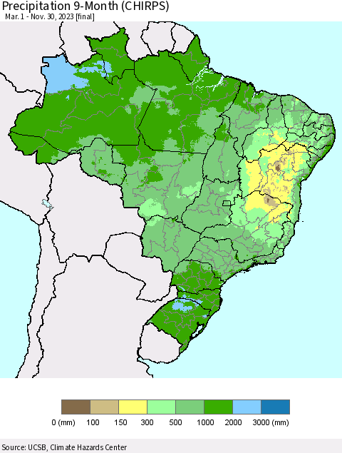 Brazil Precipitation 9-Month (CHIRPS) Thematic Map For 3/1/2023 - 11/30/2023
