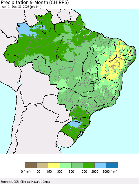 Brazil Precipitation 9-Month (CHIRPS) Thematic Map For 4/1/2023 - 12/31/2023