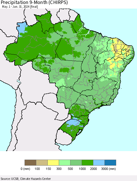 Brazil Precipitation 9-Month (CHIRPS) Thematic Map For 5/1/2023 - 1/31/2024