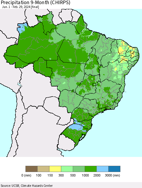 Brazil Precipitation 9-Month (CHIRPS) Thematic Map For 6/1/2023 - 2/29/2024