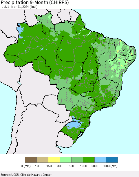 Brazil Precipitation 9-Month (CHIRPS) Thematic Map For 7/1/2023 - 3/31/2024