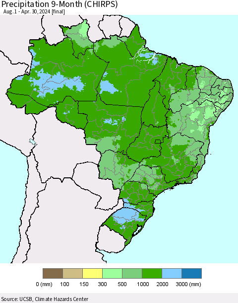 Brazil Precipitation 9-Month (CHIRPS) Thematic Map For 8/1/2023 - 4/30/2024