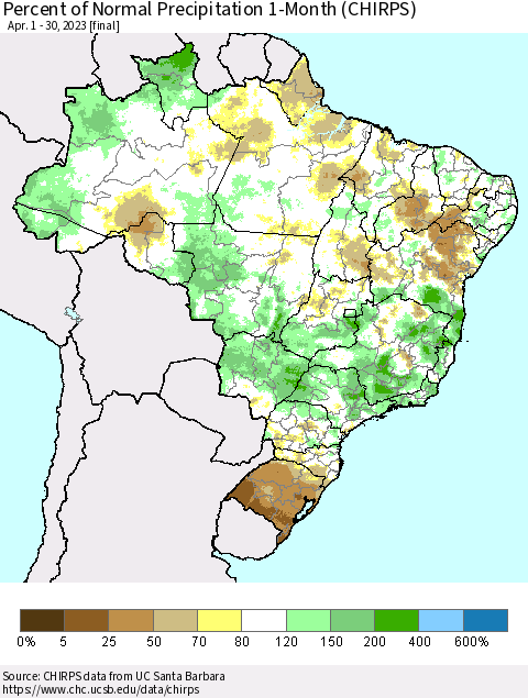 Brazil Percent of Normal Precipitation 1-Month (CHIRPS) Thematic Map For 4/1/2023 - 4/30/2023
