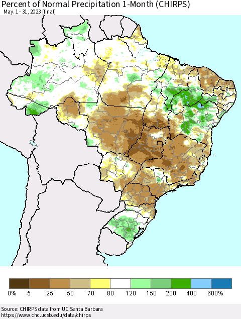 Brazil Percent of Normal Precipitation 1-Month (CHIRPS) Thematic Map For 5/1/2023 - 5/31/2023