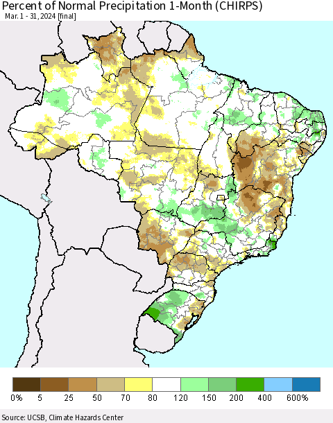 Brazil Percent of Normal Precipitation 1-Month (CHIRPS) Thematic Map For 3/1/2024 - 3/31/2024
