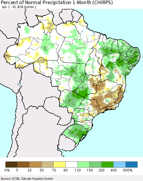Brazil Percent of Normal Precipitation 1-Month (CHIRPS) Thematic Map For 4/1/2024 - 4/30/2024
