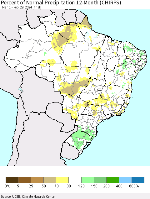 Brazil Percent of Normal Precipitation 12-Month (CHIRPS) Thematic Map For 3/1/2023 - 2/29/2024
