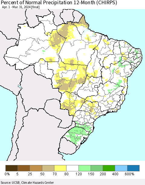Brazil Percent of Normal Precipitation 12-Month (CHIRPS) Thematic Map For 4/1/2023 - 3/31/2024