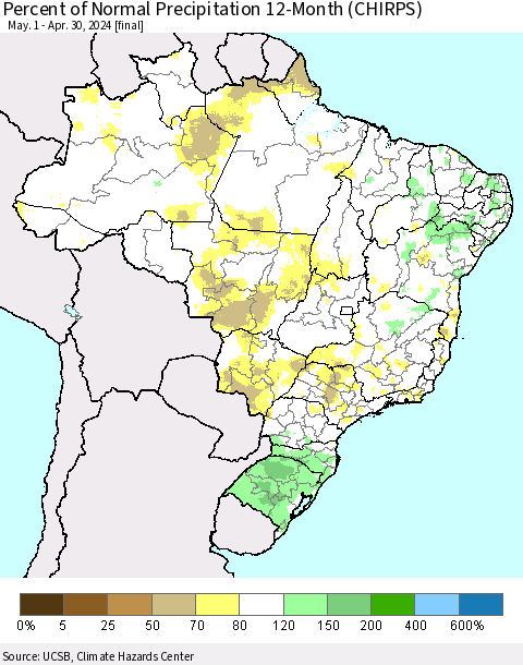 Brazil Percent of Normal Precipitation 12-Month (CHIRPS) Thematic Map For 5/1/2023 - 4/30/2024