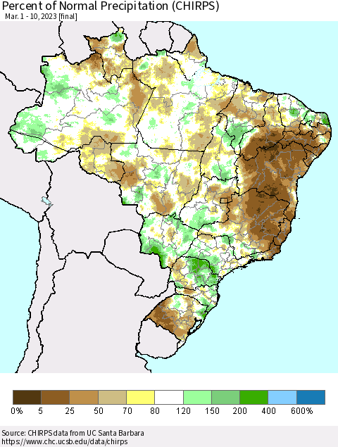 Brazil Percent of Normal Precipitation (CHIRPS) Thematic Map For 3/1/2023 - 3/10/2023