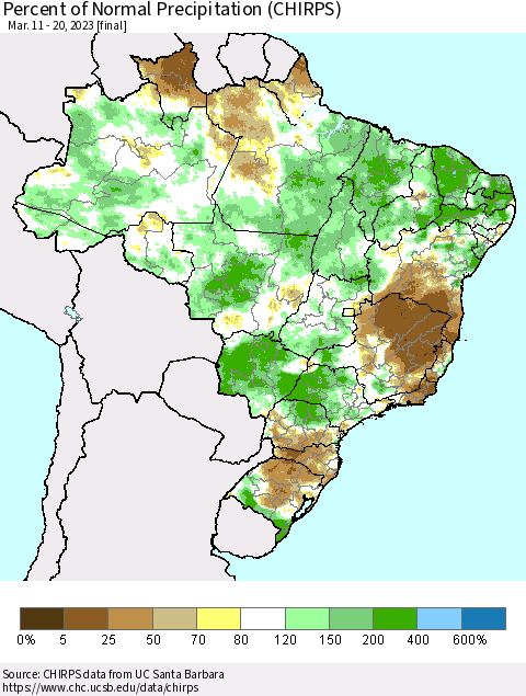 Brazil Percent of Normal Precipitation (CHIRPS) Thematic Map For 3/11/2023 - 3/20/2023