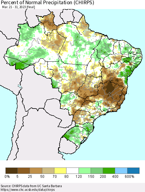 Brazil Percent of Normal Precipitation (CHIRPS) Thematic Map For 3/21/2023 - 3/31/2023