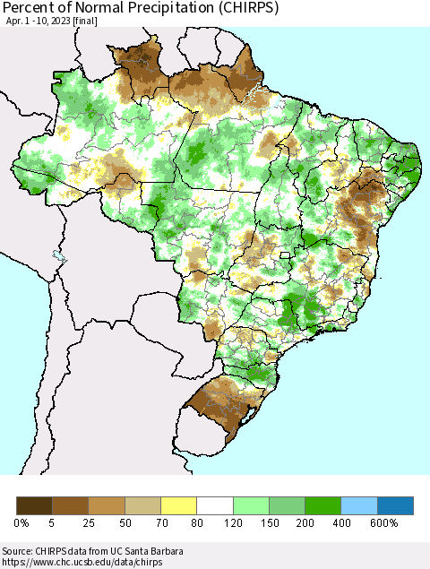 Brazil Percent of Normal Precipitation (CHIRPS) Thematic Map For 4/1/2023 - 4/10/2023