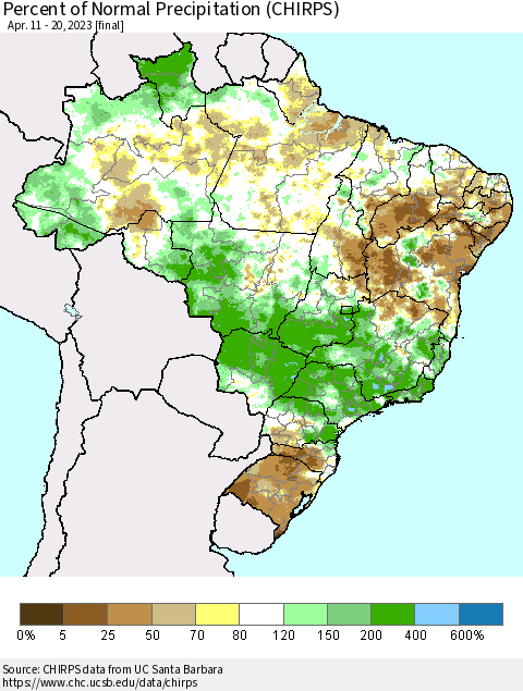 Brazil Percent of Normal Precipitation (CHIRPS) Thematic Map For 4/11/2023 - 4/20/2023