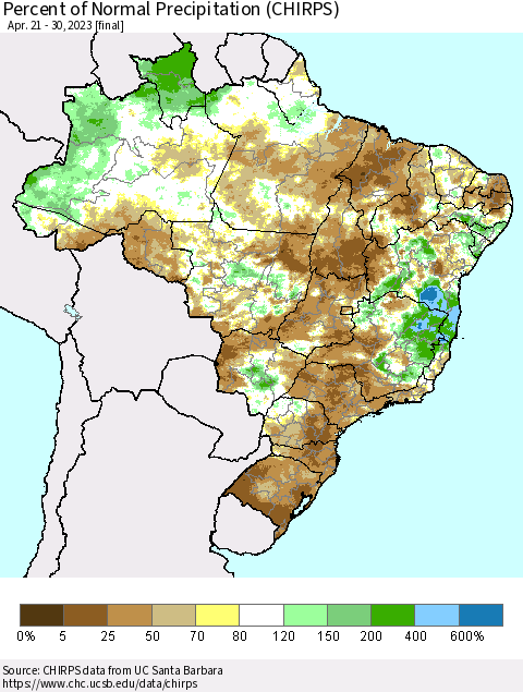 Brazil Percent of Normal Precipitation (CHIRPS) Thematic Map For 4/21/2023 - 4/30/2023