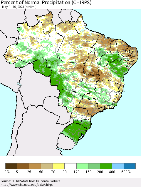 Brazil Percent of Normal Precipitation (CHIRPS) Thematic Map For 5/1/2023 - 5/10/2023