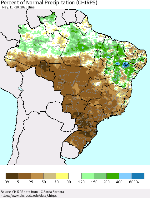 Brazil Percent of Normal Precipitation (CHIRPS) Thematic Map For 5/11/2023 - 5/20/2023