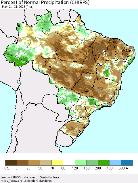 Brazil Percent of Normal Precipitation (CHIRPS) Thematic Map For 5/21/2023 - 5/31/2023