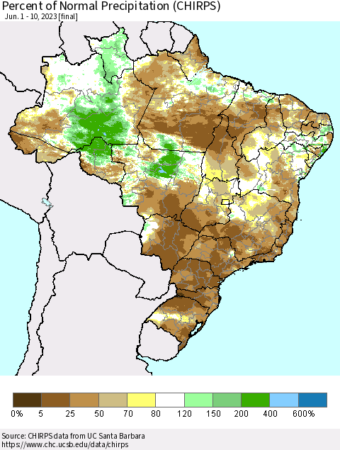 Brazil Percent of Normal Precipitation (CHIRPS) Thematic Map For 6/1/2023 - 6/10/2023