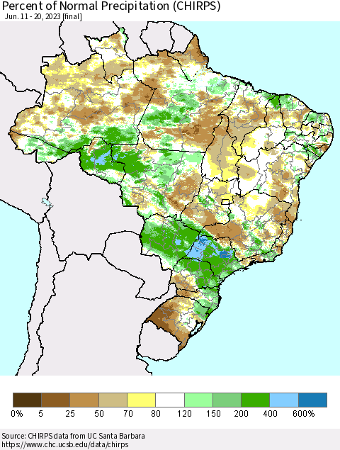 Brazil Percent of Normal Precipitation (CHIRPS) Thematic Map For 6/11/2023 - 6/20/2023